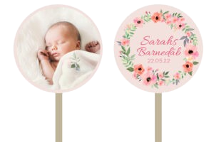 Nr. 22: Slikkepindedesign i pastel sart rosa med foto og navn