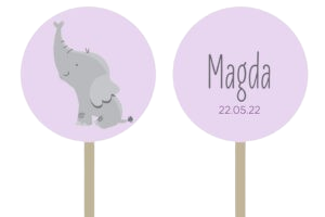 Nr. 24: Slikkepindedesign i pastellilla med elefant og tekst