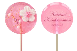 Nr. 09: Slikkepindedesign i gennemsigtig rosa farve med med sukkerblomster og navn